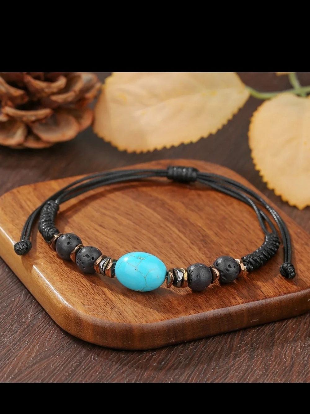 Turquoise Stone and Black Bead Adjustable Bracelet - Women Jewelry